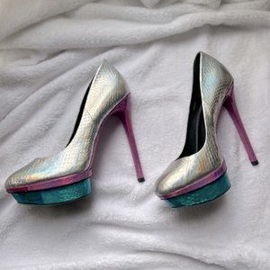 Iridescent Brian Atwood platform stiletto high heel shoes